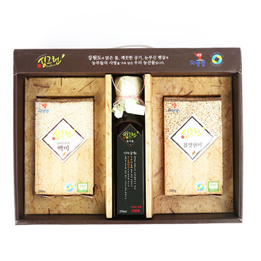 [춘천]싱그런 선물세트 2호 (무농약 백미 500g, 무농약 현미 500g, 들기름 270ml) - 강원곳간.com